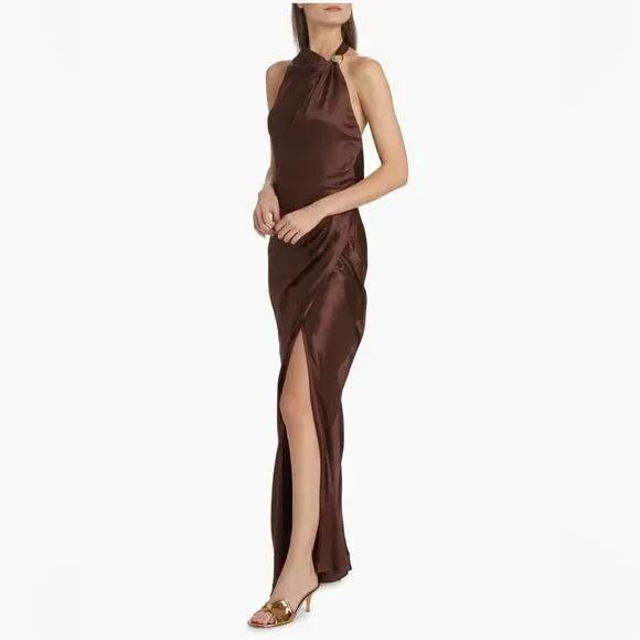 NICHOLAS Galilea High Neck Gold Trim Maxi Dress Espresso 6 - Picture 3 of 16